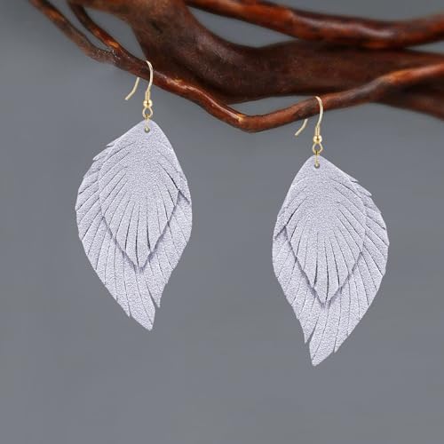 Genuine Leather Handmade Fringe Feather Lightweight Dangle Drop Earrings Teardrop Tassel Hook Earrings for Women - style: 4 Grey