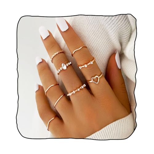 Boho Rings Set Gold Ring Crystal Joint Knuckle Finger Rings Stackable Ring Jewelry for Women (F)