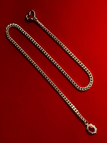 Women's Heart O-Ring Slip Chain Necklace, Double Layered Adjustable 39'' Cuban Chain with Detachable Heart Clasp and Colorful Rhinestone Pendant - color: 25'' Gold-Royal Red