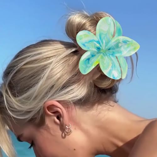 Flower Hair Clips for Women Girls Claw Clips Set Emerald-Green Plumeria with Marble Design Barrettes Summer Hair Clip Fashion Hair Styling Accessories for Thick Thin Hair(3Pcs:1Large 2Small) - color: Emerald-Green