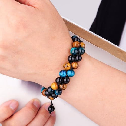 Triple Protection Bracelet,Bracelets for Men Women, Natural Tiger Eye Jewelry Stone Hematite and Blue Stone Hematite 8mm Crystal Bracelet - Adjustable Size with Premium Gift-Box - color: Blue-Brown-Black