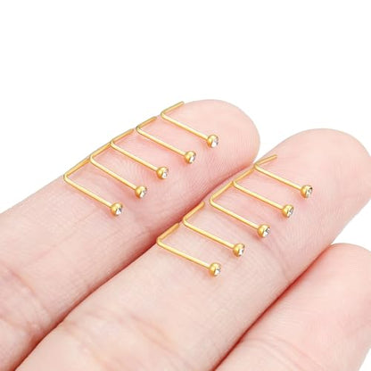 Hoeudjo Nose Studs Surgical Steel Cubic Zirconia Nose Rings Kit for Women Men Tiny Nose Stud Bone & Screw & L Shaped Nostril Piercing Jewelry 18/20/22/24 Gauge 10 Pieces - color: gold-tone,L-shaped nose studs, size: 24g/1.5mm clear CZ