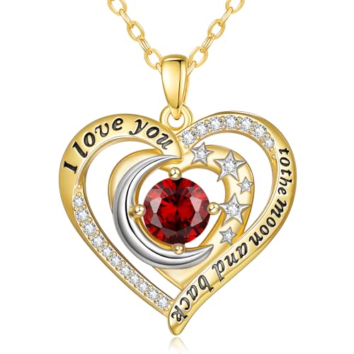 14K Gold I Love You to the Moon and Back Necklace for Women, Double Heart Birthstone Necklace, Moon Star Love Jewelry, Christmas Valentines Mothers Day Birthday Gifts for Wife Mom Girlfriend - color: 01-Jan Birthstone