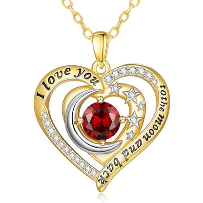 14K Gold I Love You to the Moon and Back Necklace for Women, Double Heart Birthstone Necklace, Moon Star Love Jewelry, Christmas Valentines Mothers Day Birthday Gifts for Wife Mom Girlfriend - color: 01-Jan Birthstone