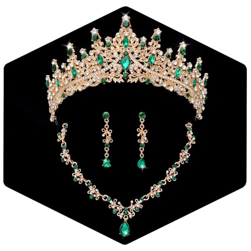 Crystal Crown Jewelry Set for Women Bride Queen Tiara Earrings and Necklace | Metal Royal Crown Costume Jewelry Set Wedding Prom Quinceanera Party Pageant Halloween Retirement Christmas Birthday Gift - color: Green