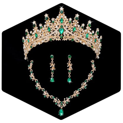 Crystal Crown Jewelry Set for Women Bride Queen Tiara Earrings and Necklace | Metal Royal Crown Costume Jewelry Set Wedding Prom Quinceanera Party Pageant Halloween Retirement Christmas Birthday Gift - color: Green