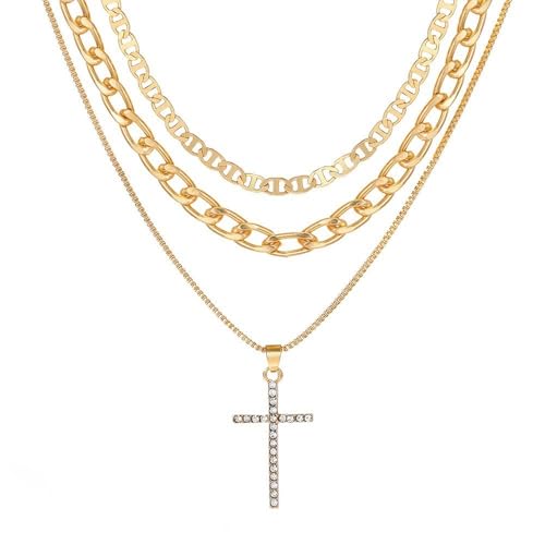 Necklace 14K Gold Plated Three-Layer Sparkling Cross Pendant Elegant Timeless Design Lobster Clasp Adjustable Extender - style: 14K Gold 3-Layered Cross with Diamond