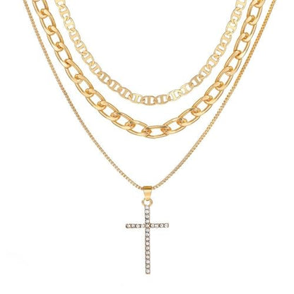 Necklace 14K Gold Plated Three-Layer Sparkling Cross Pendant Elegant Timeless Design Lobster Clasp Adjustable Extender - style: 14K Gold 3-Layered Cross with Diamond