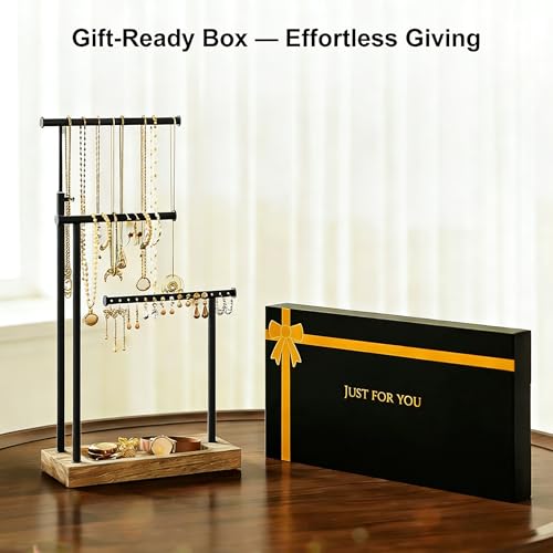 SRIWATANA Carbonized Black Jewelry Organizer Stand, Tall Necklace Holder | 3-Tier 360° Rotating Tall Jewelry Tree with Adjustable Height for Necklaces, Earrings, Bracelets, and Ring Tray - color: carbonized black and black