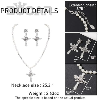 Bocar Gothic Cross Layered Pearl Necklace Chunky Statement Stacked Necklace Y2K Silver Layered Necklace for Women (NK-10769) - color: 799-White