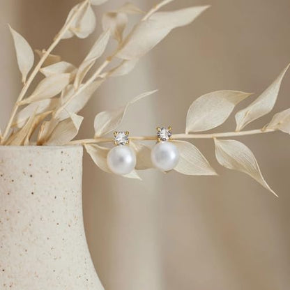 WFYOU Pearl Earrings for Women 925 Sterling Silver Stud Earring | 14K Gold Plated Hypoallergenic Stud Earrings, White Diamond Dainty Bridal Earring, Trendy Jewelry, Wedding Party Gifts - color: Gold B, size: 8mm