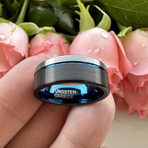 TUTISS 8mm Black/Blue/Gold/Rose Gold Tungsten Rings for Men Women Fashion Engagement Wedding Bands Brushed Finish Offset Line Comfort Fit - color: 8mm Black Blue Tungsten