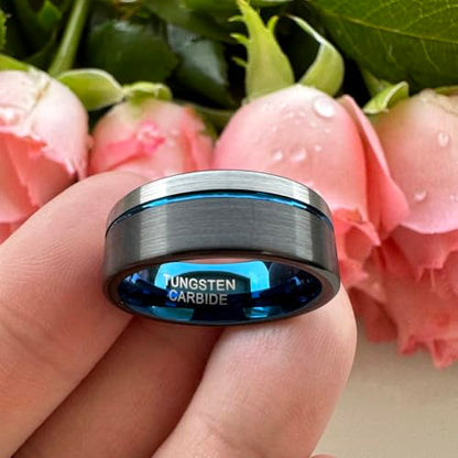 TUTISS 8mm Black/Blue/Gold/Rose Gold Tungsten Rings for Men Women Fashion Engagement Wedding Bands Brushed Finish Offset Line Comfort Fit - color: 8mm Black Blue Tungsten