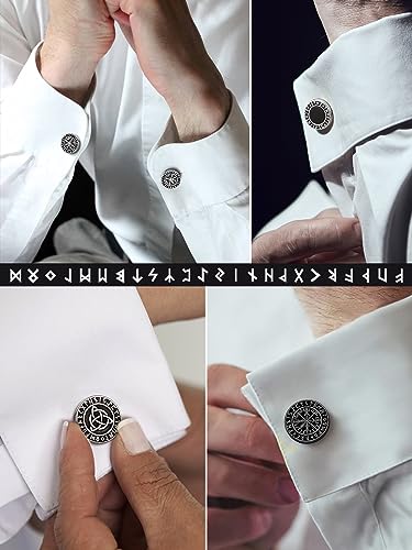 FaithHeart Mens Cufflinks, Norse Viking Tuxedo Shirt Cuff Links, Stainless Steel Cuff Links and Shirt Studs, Gift Box - style: 01. Compass-Black