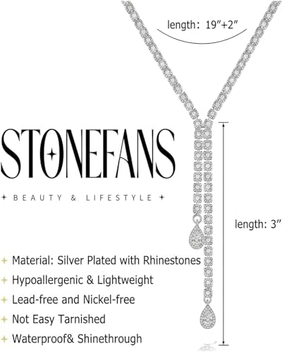 STONEFANS Long Tennis Necklaces for Women - Dainty Silver Lariat Necklace Rhinestone Y Shaped Drop Necklace Cute Choker Necklaces for Women Trendy Silver Prom Jewelry Gifts - color: Drop -Silver