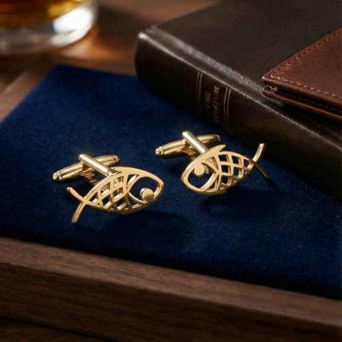Men’s Abstract Fish Cufflinks – Stainless Steel Nautical-Themed Cuff Links with Gift Box & Polishing Cloth – Available in Silver & Gold - color: golden
