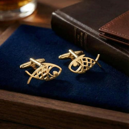 Men’s Abstract Fish Cufflinks – Stainless Steel Nautical-Themed Cuff Links with Gift Box & Polishing Cloth – Available in Silver & Gold - color: golden
