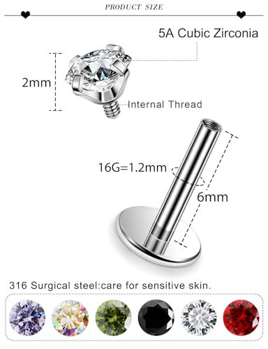 16G ASTM F136 Titanium Surgical Steel Internal Thread Flat Back Studs Earrings Lip Rings Labret Medusa Helix Tragus Cartilage Earring stud Piercing Jewelry for Women Men Silver Black Gold - style: 16g/2mm Mix cz/Silver 6mm