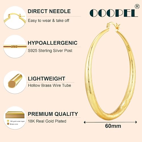 OOOPEL 925 Sterling Silver Hoop for Women Gold Hoop Earrings Hypoallergenic Diamond-Cut Ripples Designed - Non Tarnish Large Hoop Earrings(30/40/50/60/70mm) - color: Gold-60mm