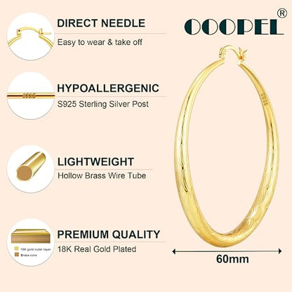 OOOPEL 925 Sterling Silver Hoop for Women Gold Hoop Earrings Hypoallergenic Diamond-Cut Ripples Designed - Non Tarnish Large Hoop Earrings(30/40/50/60/70mm) - color: Gold-60mm