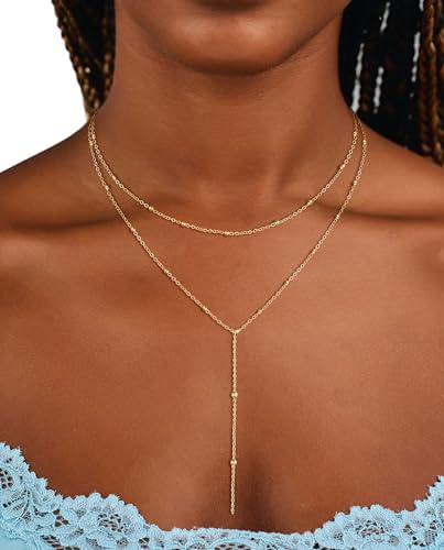 CAROVO Gold Necklace for Women Dainty Long Necklace 14K Gold/Silver Lariat Y-Shaped Pendant Necklaces Trendy Layered Lip Cubic Zirconia Beaded Chain Drop Necklaces Jewelry for Women Gifts - color: Gold, style: G: Gold Y Necklace-177