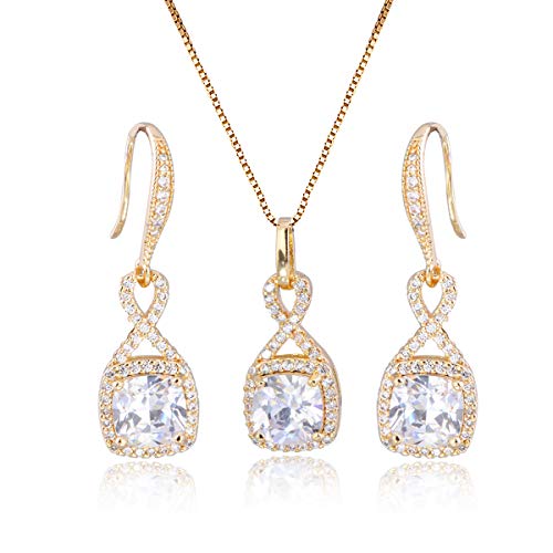 AMYJANE Crystal Jewelry Set for Women - Sterling Silver Square Cubic Zirconia CZ Bridal Pendant Necklace Earrings Set for Wedding Bride Bridesmaids Birthstone Fashion Jewelry Set - color: Gold-tone