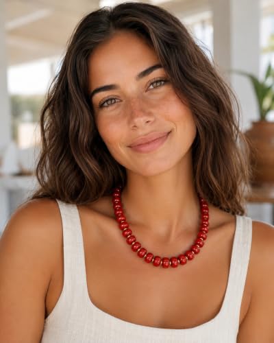 Boho Colorful Chunky Beaded Necklace for Women Trendy Resin Statement Choker Necklaces Summer Beach Style Womens Vacation Fashion Jewelry Gifts Accessories - color: Bright Red