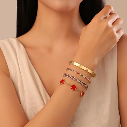 18 K Gold Plated Love Bangle Bracelet Stack for Women,Set of 4 Floral Clover Chain, Tennis Crystal &Gold Stackable Bangle Bracelet -Adjustable Layered Jewelry Gift for Wife Valentines Mother's Day-MVCOLEDY - color: Red Coloured CZ