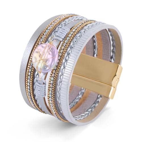 Wrapped Bracelets for Women,Leather Boho Bracelets for Women - color: Shell-Silver