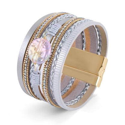 Wrapped Bracelets for Women,Leather Boho Bracelets for Women - color: Shell-Silver