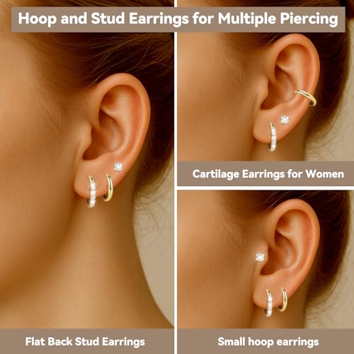 Silver/Gold Stud Hoop Earrings:Hypoallergenic Surgical Stainless Steel Small Cartilage Huggie Hoop Earrings Flat Back Earrings Screw Back and Flatback Stud Earrings for Women Multiple Piercing Sensitive Ears - style: Gold-(6mm+6mm)hoop earrings+4mm cz stu