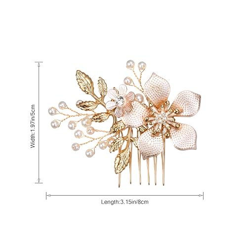 SWEETV Gold Bridal Hair Clip,Floral Bridal Hair Comb Barrette Flower Hair pieces for Brides Wedding - color: Gold-C