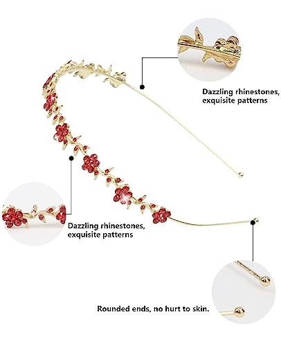 Wecoe 4 Pack Red Rhinestone Headband Flower Girl Bridal Wedding Headband Crystal Headpiece Flower Leaf Butterfly Metal Hairband Girls Hair Accessories For Women Girls Gifts - color: Gold band & red rhinestones