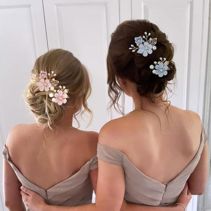 BOYIVI 4 Pieces Bridal Floral Hair Comb and Pins, Pink Alloy with Rhinestones, Plump Smooth Pearl and Fake Petal Wedding Hair Accessories for Brides, Bridesmaids, Women, Girls - color: Pink