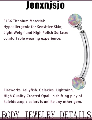Jenxnjsjo F136 Titanium 16g 6/8/10mm Opal Eyebrow/Rook/Snug/Vertical-Labret/VCH/Snake-Eyes/Anti-Tragus/Christina/Daith/Belly-Button/Bridge/Hood/Surface Curved Barbell Piercing Jewelry for Women Men - color: Pink Opal, size: 6mm