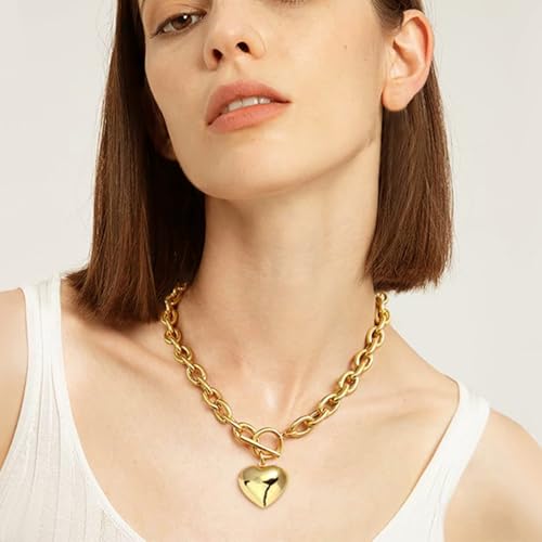 Chunky Gold Necklace for Women, 18K Waterproof Heart Necklace Statement Necklace Gold Charm Necklace Chunky Jewelry Paperclip Chain Choker Gift for Women - style: Bubble Heart