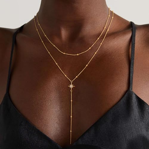 Lariat Necklaces for Women - Dainty Long Necklace Trendy 14K Gold Plated Hypoallergenic Layered Long Y-Shape Sunburst CZ T-Bar Pendant Drop Chain Necklace Set for Women Non Tarinsh Jewelry - style: layered bead sunburst-gd
