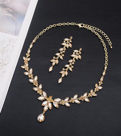 CSY Elegant Bridal Jewelry Sets Wedding Prom Homecoming Gown Accessories | Austrian Marquise Crystal Wedding Necklace Dangle Earrings Tennis Bracelet Ring Set for Bride Women Costume Accessories - color: champagne gold