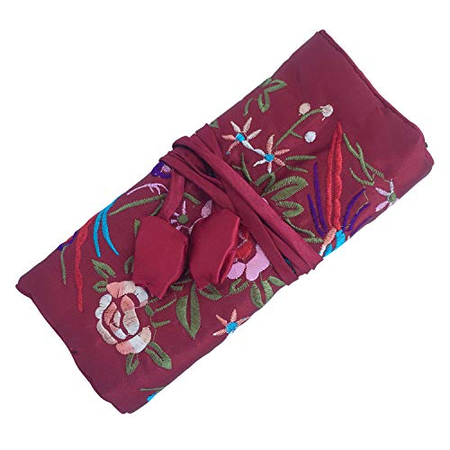 Travel Jewelry Roll Bag - Embroidered Brocade Pouch for Rings, Necklaces, Earrings, Bracelets | Lightweight & Tie Closure (Wine Red) - color: Wine Red