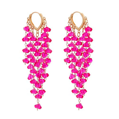 Fringe Hoop Dangle Earrings, Long Beads Tassel Chain Earrings for Women Sparkly Chandelier Earrings - color: Hot Pink