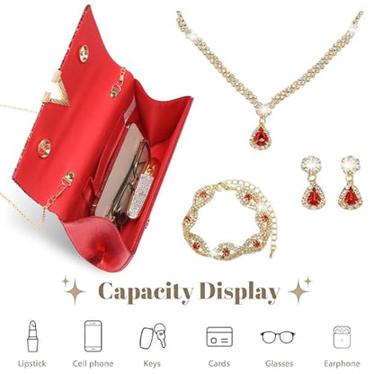 YYW 4 Pieces Women Evening Handbags Clutch Purse Bag with Rhinestone Crystal Jewelry Set for Wedding Party - color: red 2