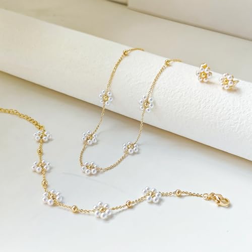 LULII Pearl Necklaces for Women 14K Gold Plated Dainty Layered Single Pearl Necklace Simple Daisy Pearls Choker Cute Gold Necklace Stack Jewelry Sets for Women Trendy Gifts - color: Gold-Daisy Pearl Jewelry Set