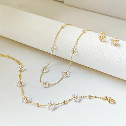 LULII Pearl Necklaces for Women 14K Gold Plated Dainty Layered Single Pearl Necklace Simple Daisy Pearls Choker Cute Gold Necklace Stack Jewelry Sets for Women Trendy Gifts - color: Gold-Daisy Pearl Jewelry Set
