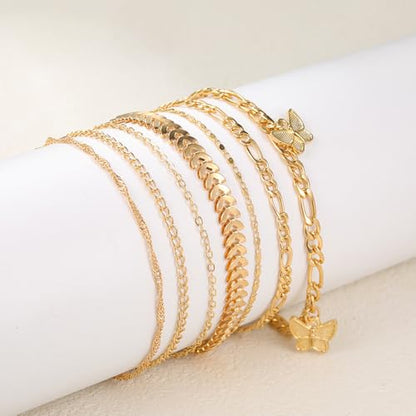 Adjustable Waterproof Layered Bracelets for Women Summer Beach Cuban Link Chain Anklets Set Herringbone Paperclip Beaded Snake Chain Stackable Anklet Stainless Steel Jewelry Bracelet - color: 7PCS-Gold
