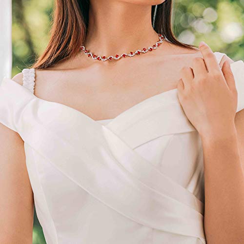 Bride Silver Necklace Earrings Set Crystal Bridal Wedding Jewelry Set Rhinestone Choker Necklace for Women and Brides - color: Red