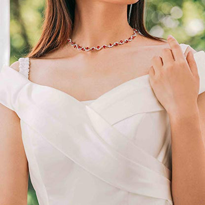 Bride Silver Necklace Earrings Set Crystal Bridal Wedding Jewelry Set Rhinestone Choker Necklace for Women and Brides - color: Red