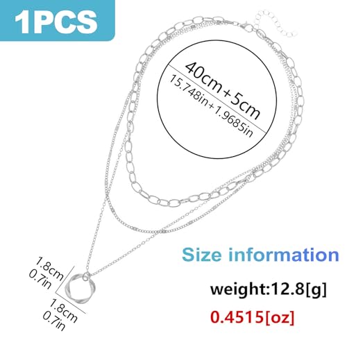 CoguZed Layered Silver Plated Necklaces for Women, Trendy Triple Strand Stackable Choker with Twisted Circle Pendant, Chain Fashion Jewelry Gift