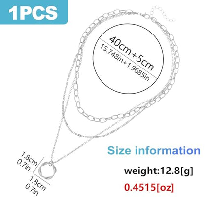 CoguZed Layered Silver Plated Necklaces for Women, Trendy Triple Strand Stackable Choker with Twisted Circle Pendant, Chain Fashion Jewelry Gift
