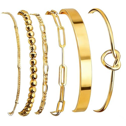 6Pcs Gold Bangle Bracelets for Women 14K Gold Plated Non Tarnish Waterproof Fashion Trendy Stackable Chunky and Thin Bracelet Sets for Women - color: Gold