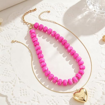 YUJIE Chunky Heart Pendant Necklace for Women- Exaggerated Statement Puff Heart Necklace with Acrylic Beaded Chain - color: B-HOT PINK